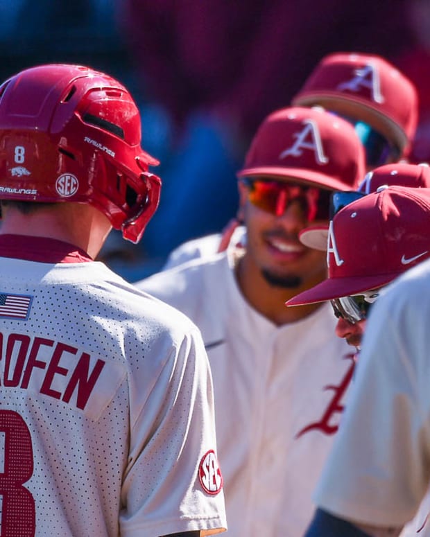 Razorbacks celebrate homer by Jace Bohrofen against Little Rock on Wednesday